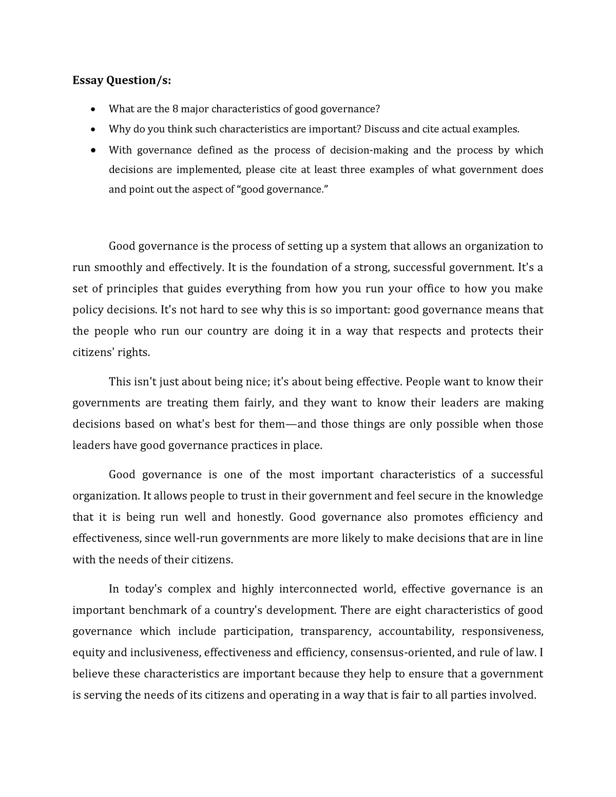 characteristics of good governance essay