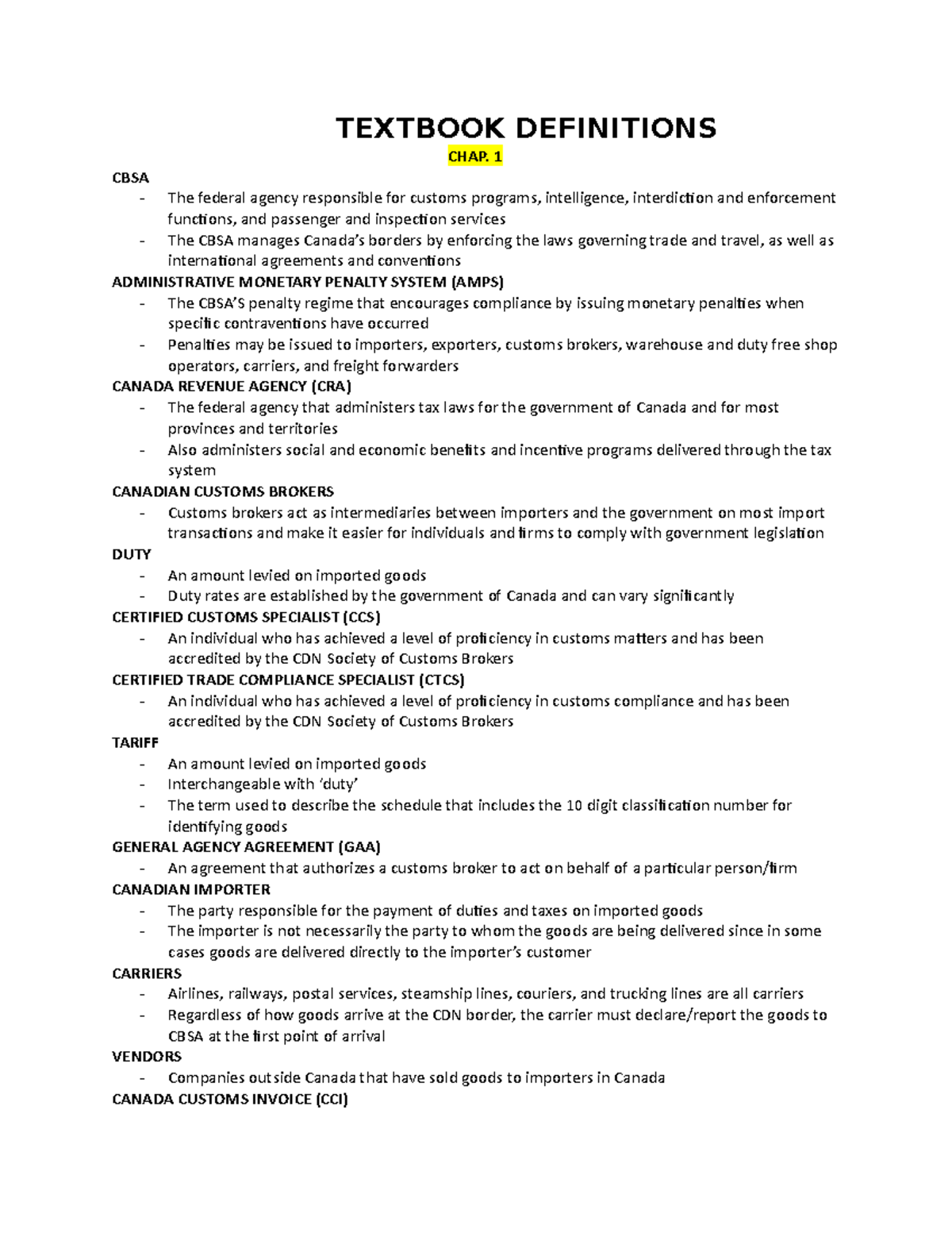 CUST 1431 - Textbook Definitions - TEXTBOOK DEFINITIONS CHAP. 1 CBSA ...