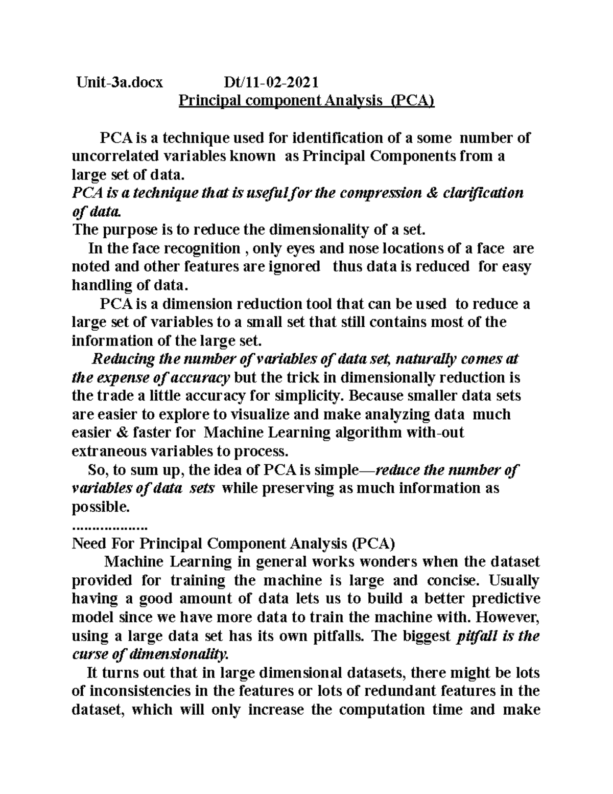 Unit3a Need For Principal Component Analysis (PCA) Machine Learning