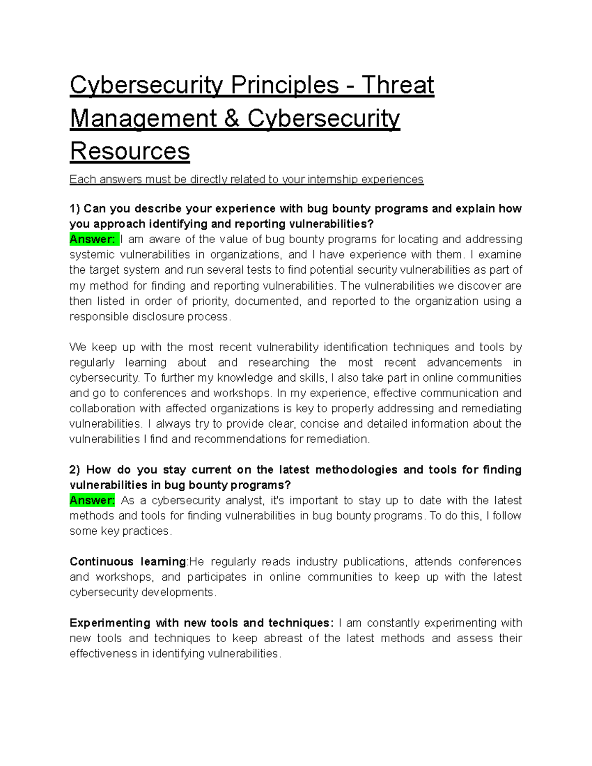 Module 2 Technical Questions Part A - Cybersecurity Principles - Threat ...