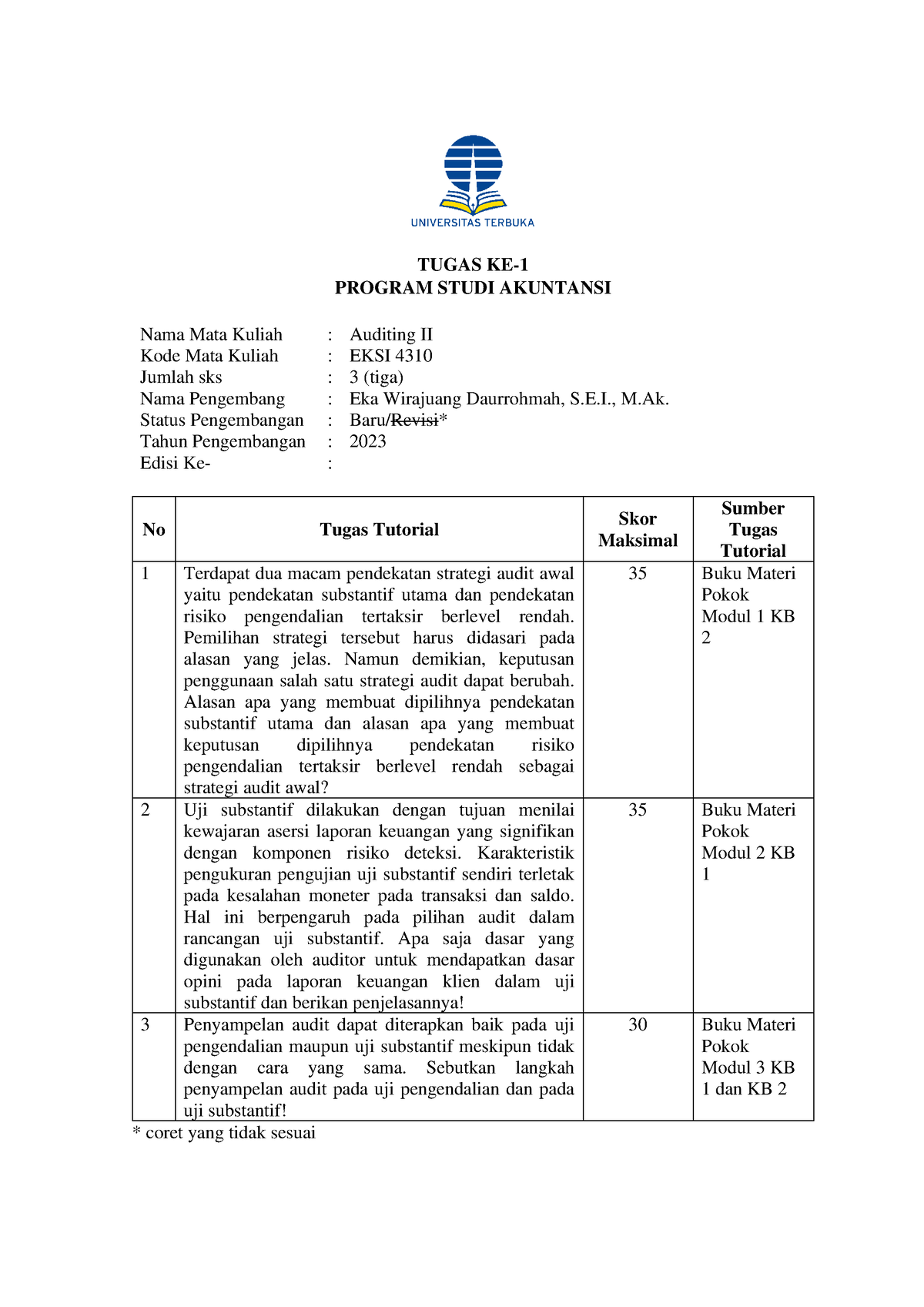 Tugas 1 Auditing II - TUGAS KE- PROGRAM STUDI AKUNTANSI Nama Mata ...