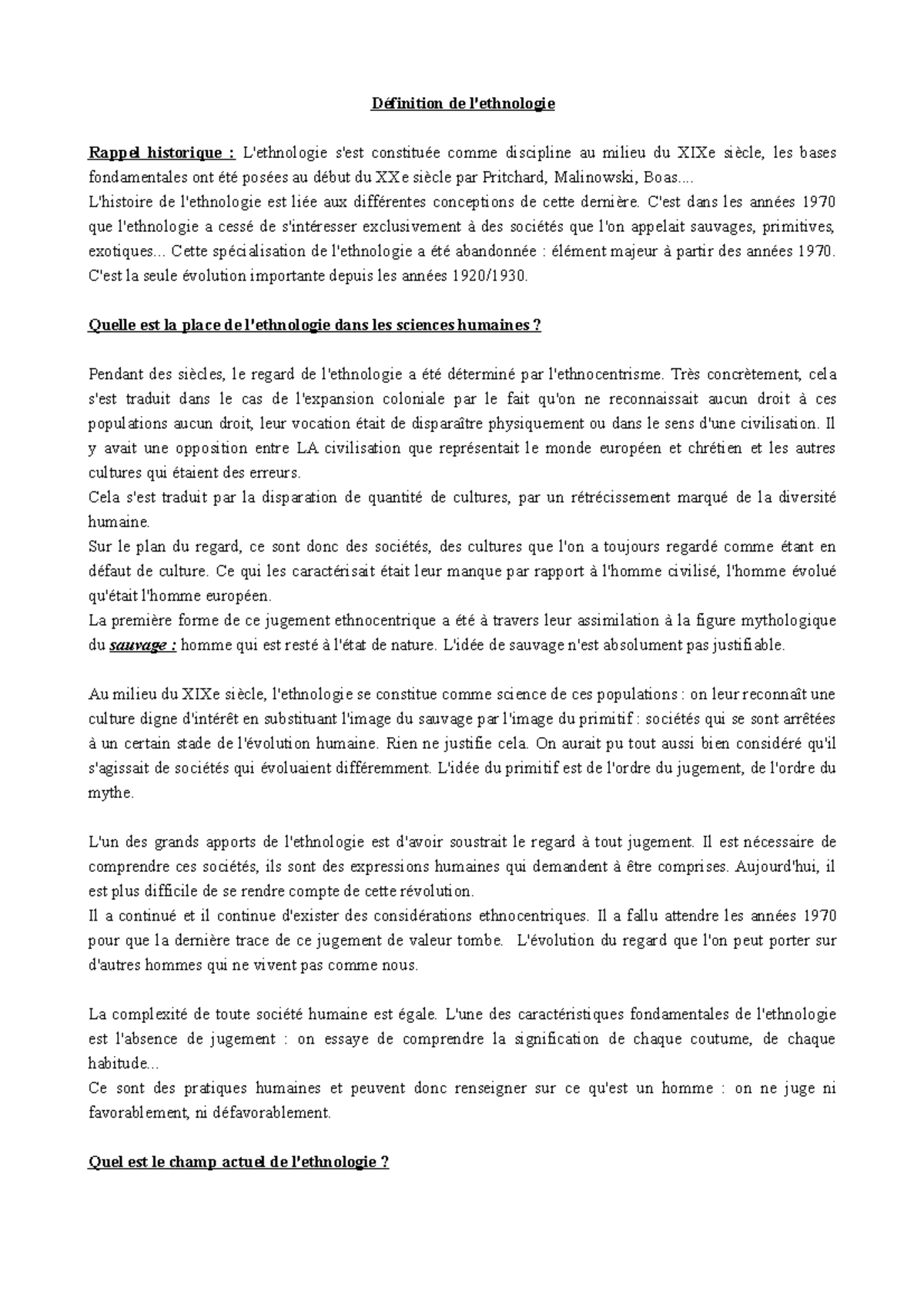 Histoire de l'anthropologie suite Définition de l'ethnologie Rappel