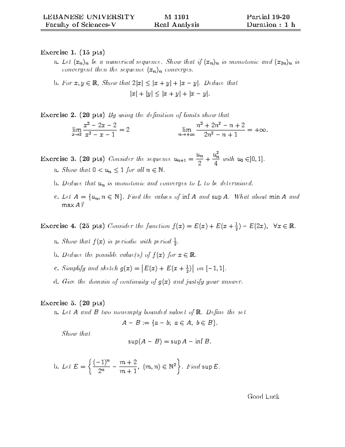 Partiel 19-20M1101E - Partial exam - LEBANESE UNIVERSITY M 1101 Partial ...