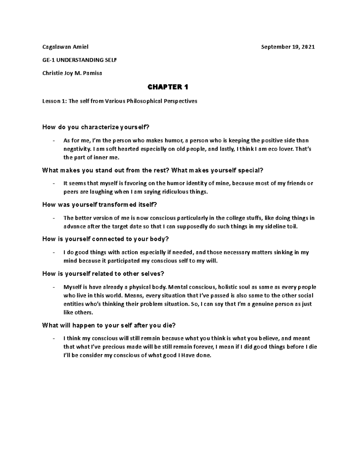 Cagalawan Amiel September 19 - Pamisa CHAPTER 1 Lesson 1: The self from ...