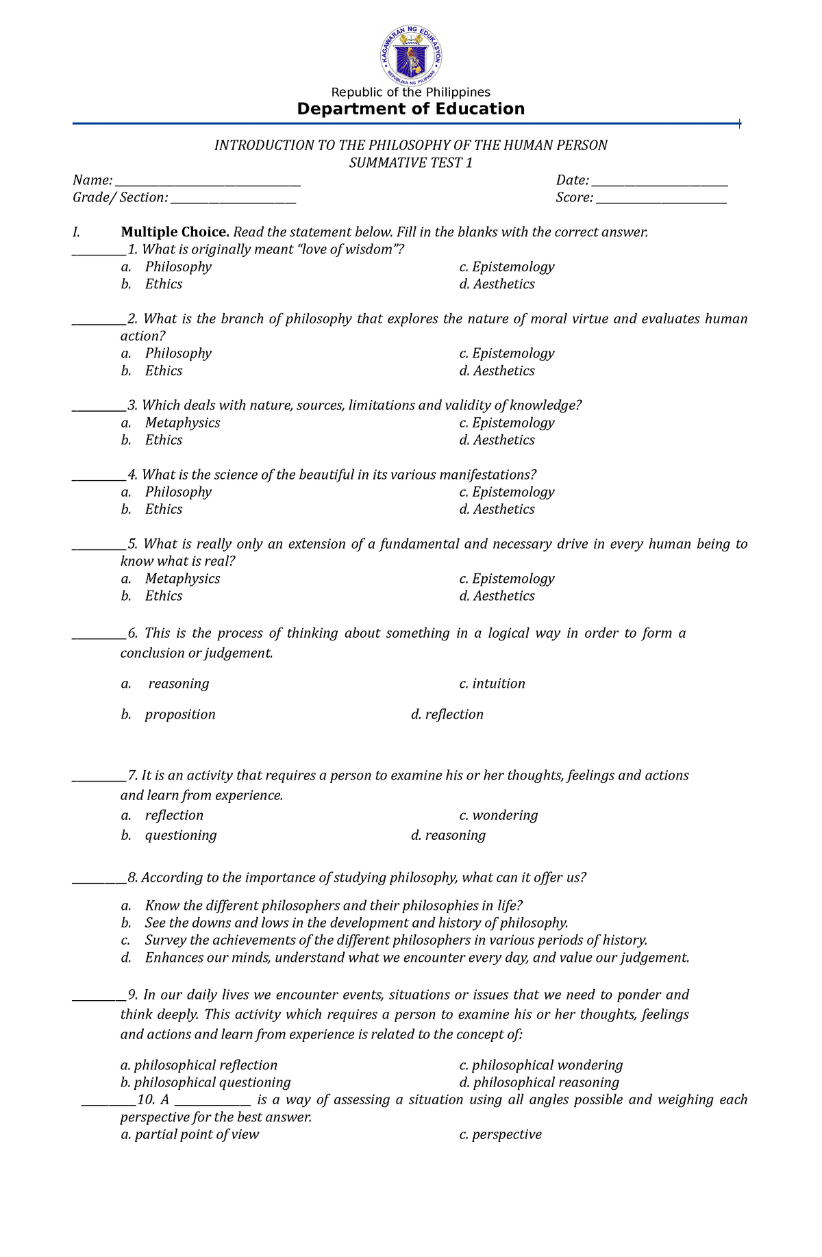 Philo Summative TEST 1 Q1 - Republic Of The Philippines Department Of ...