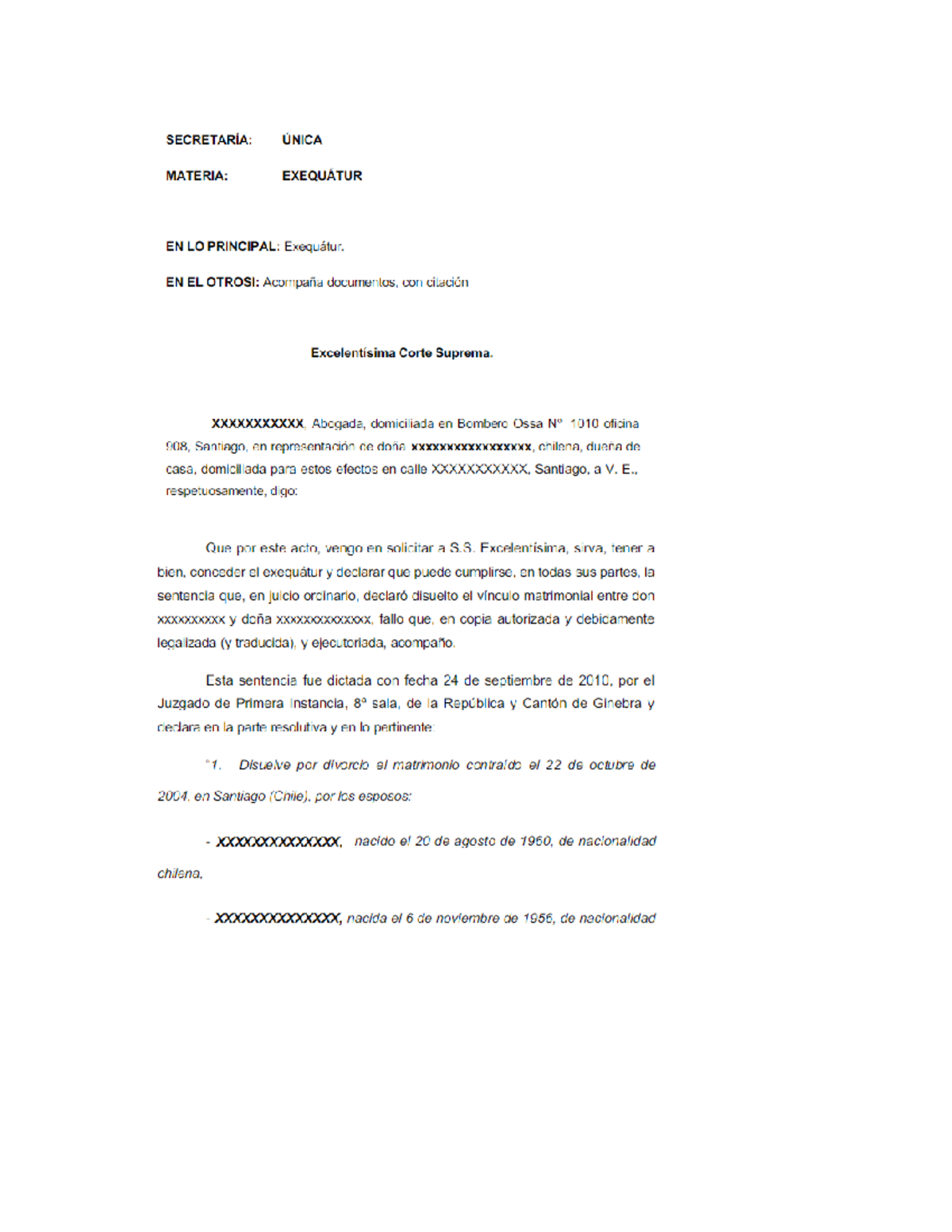 Modelo 1 - SECRETARIA: UNICA MATERIA: EXEQUATUR EN LO PRINCIPAL ...