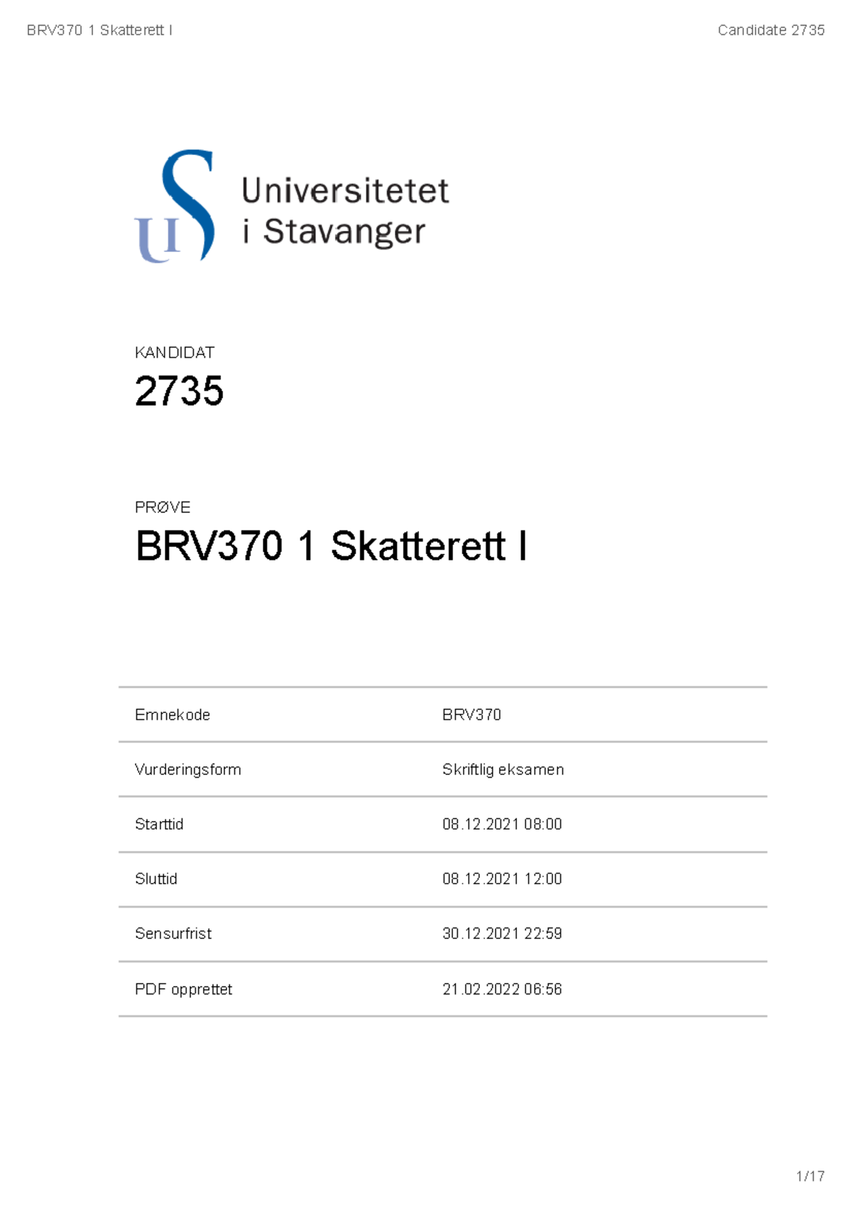 Eksamen I Skatterett, A-besvarelse - BRV370Emnekode Skriftlig ...