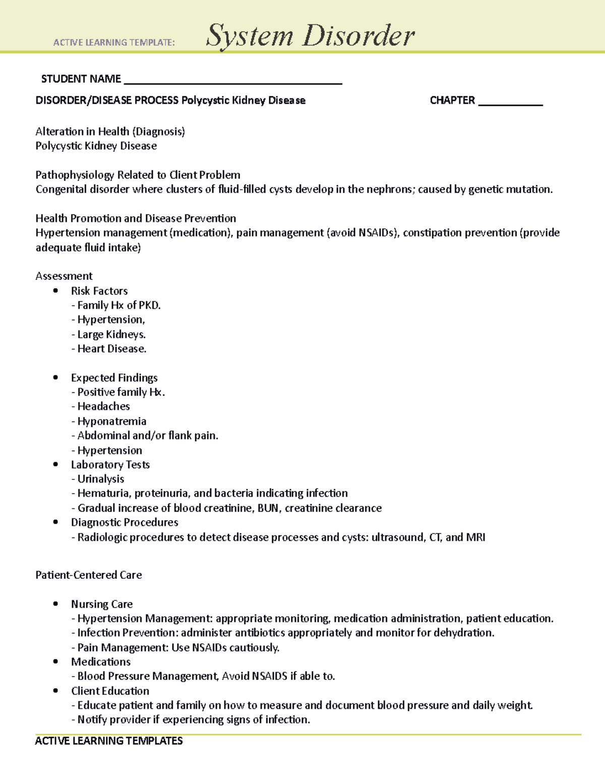 ATI System Disorder Polycystic Kidney Disease STUDENT NAME