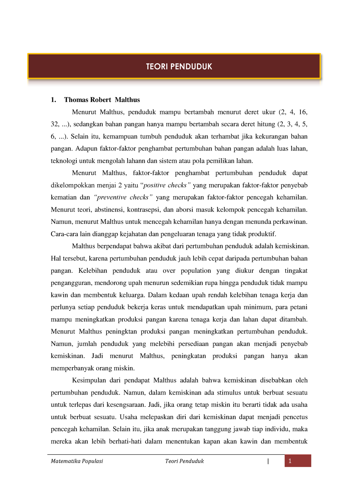 Teori Penduduk Teori Penduduk Thomas Robert Malthus Menurut Malthus