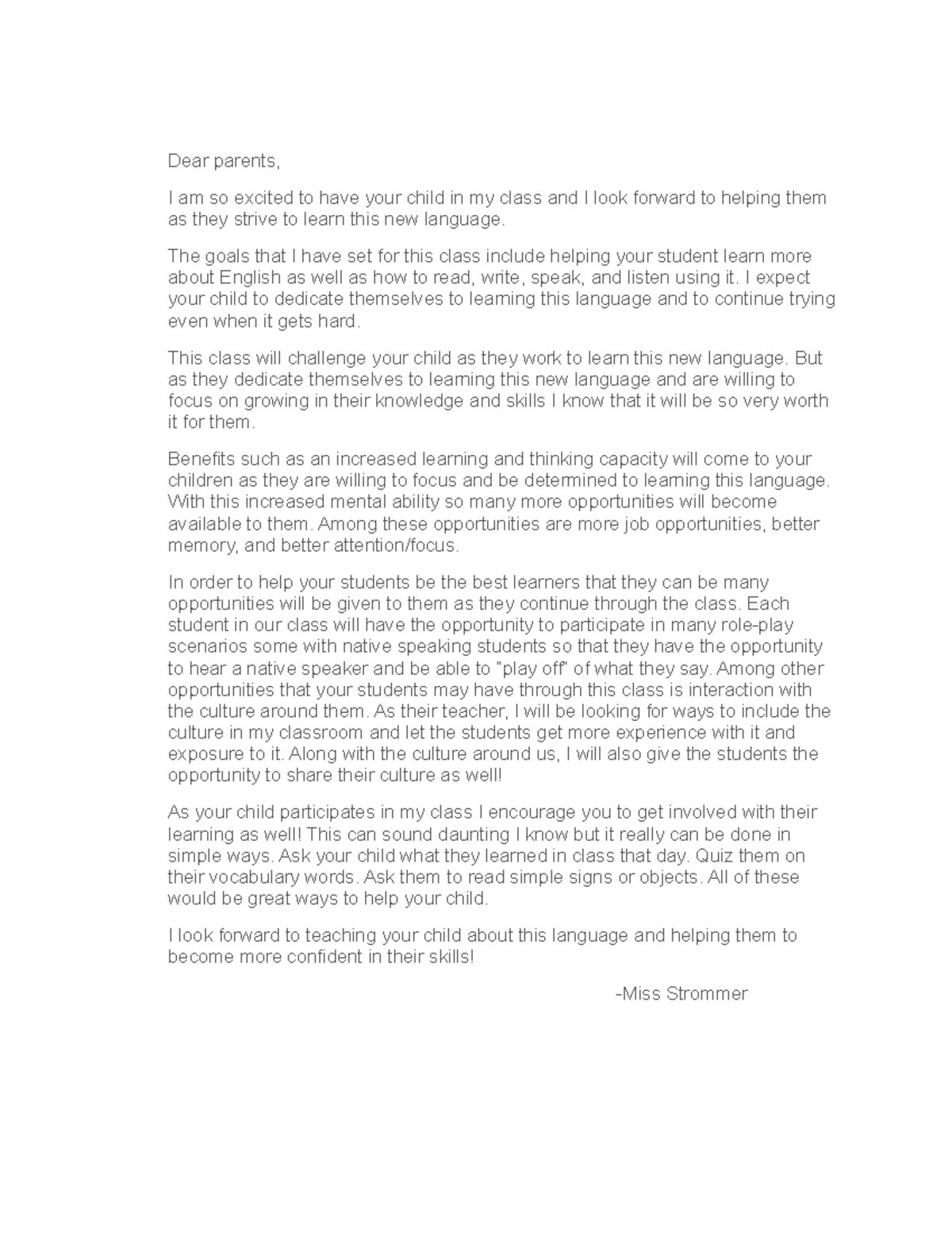 Letter to parents - Dear parents, I am so excited to have your child in ...