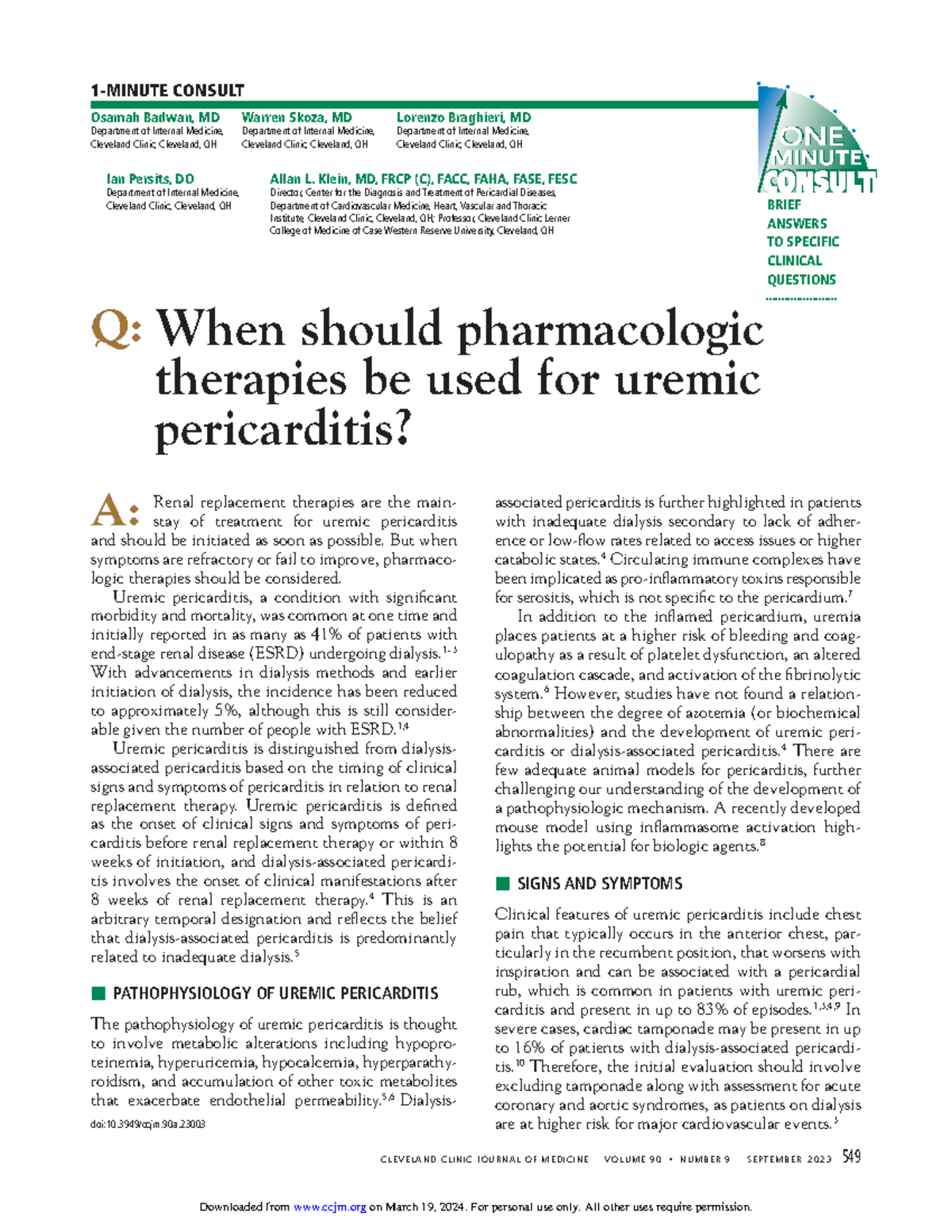 Pericarditis Uremica 1 - C L E V E L A N D C L I N I C J O U R N A L O ...