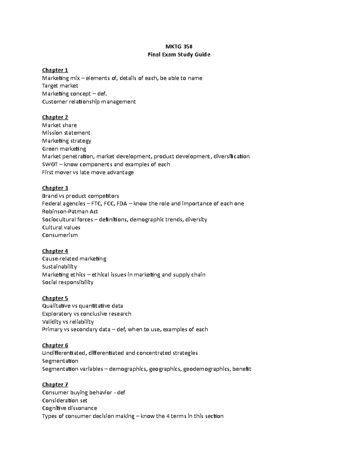 Final exam study guide - MKTG 350 Final Exam Study Guide Chapter 1 ...
