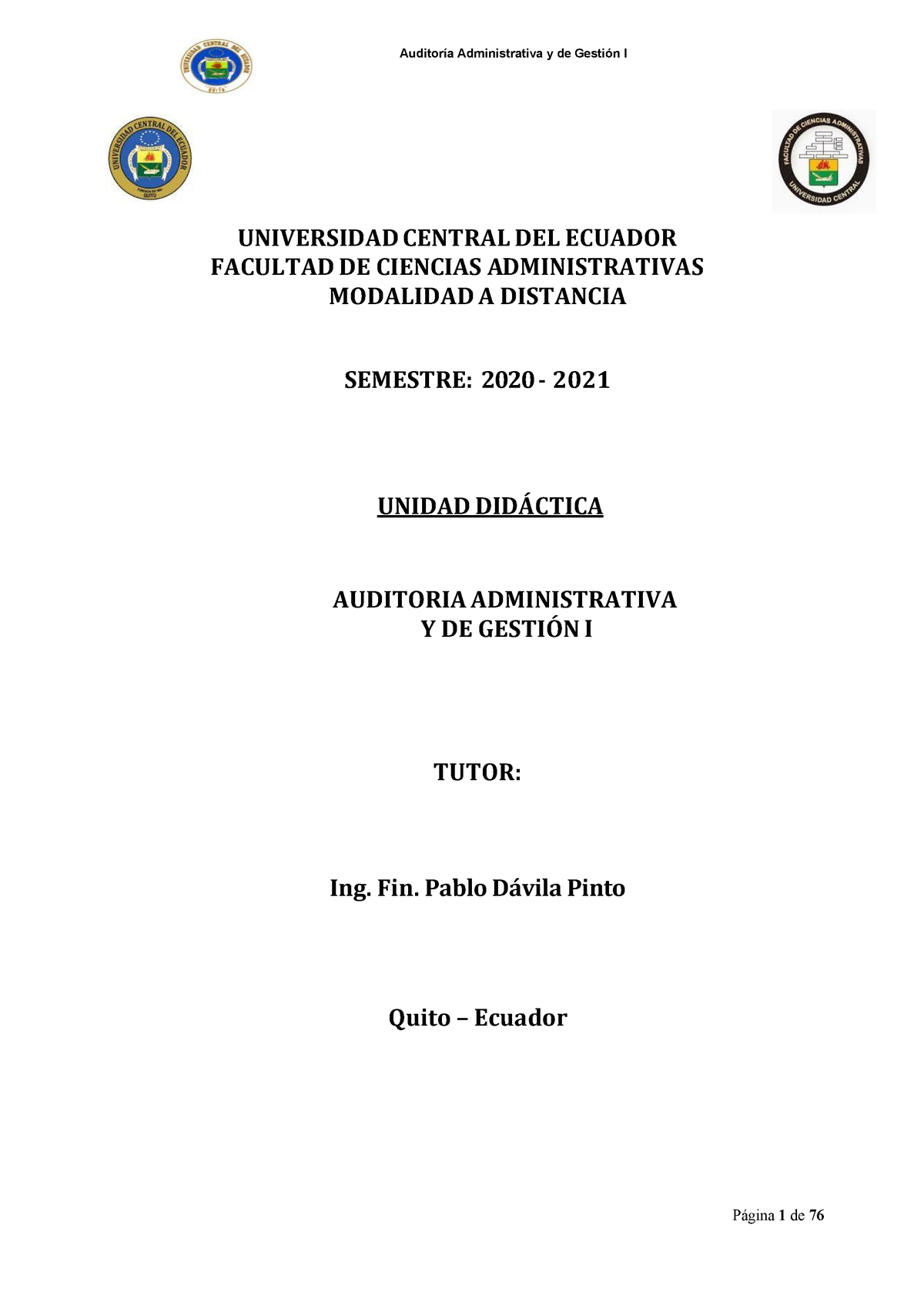 CA7- Unidad Didactica- Auditoria Administrativa Y DE Gestión I -  UNIVERSIDAD CENTRAL DEL ECUADOR - Studocu
