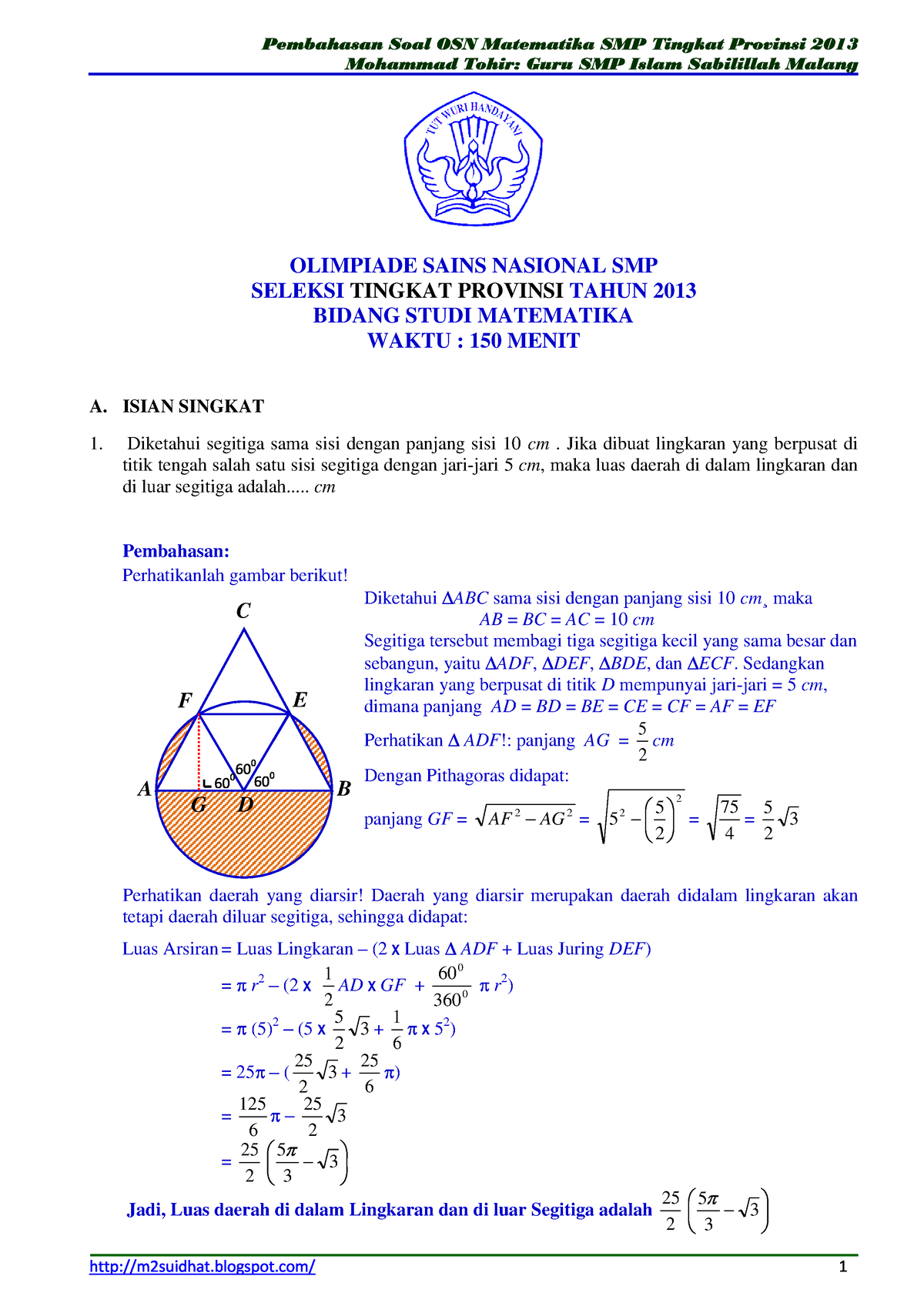 Soal Dan Pembahasan OSN Matematika SMP Tingkat Provinsi 2013 [Bagian A ...