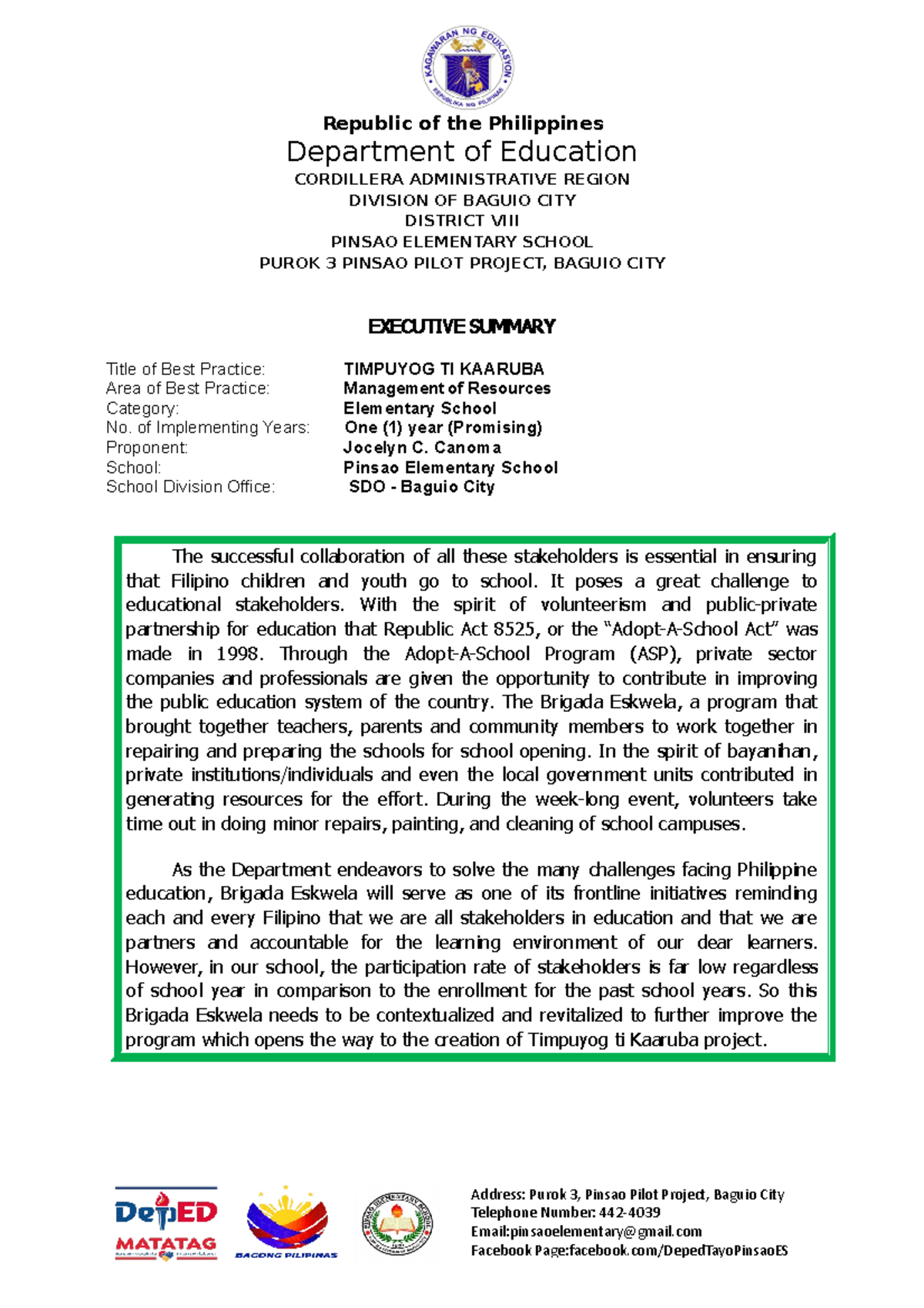Executive Summary - Brigada Kaaruba - Republic of the Philippines ...