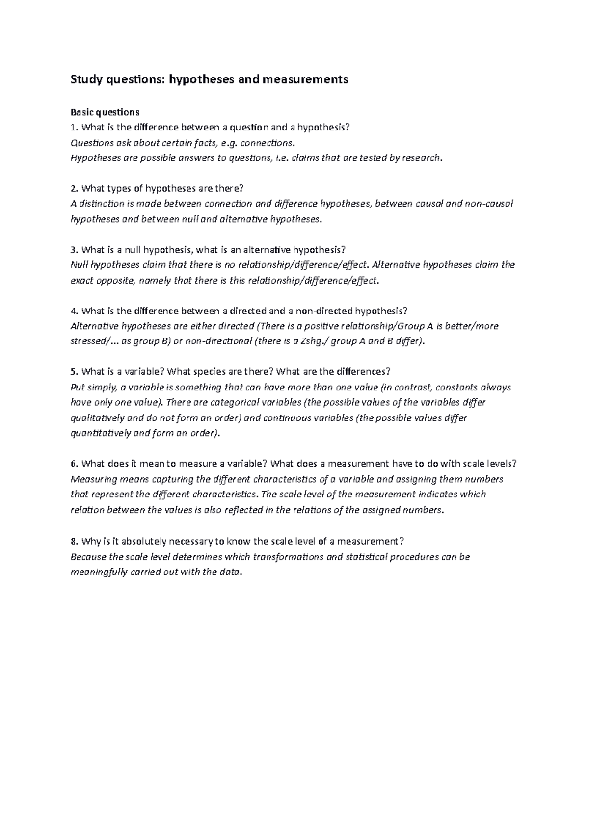 Study questions 1 - Hypotheses and measurements - Study questions ...