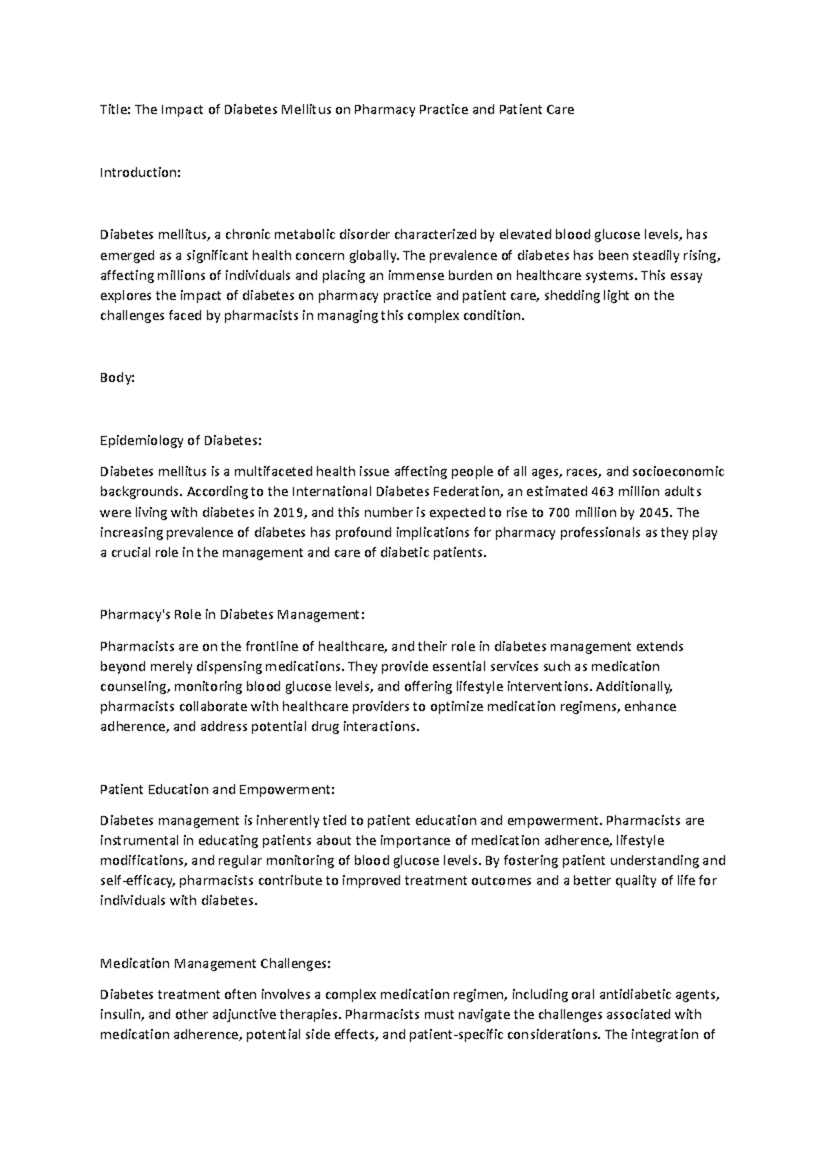 The Impact of Diabetes Mellitus on Pharmacy Practice and Patient Care ...