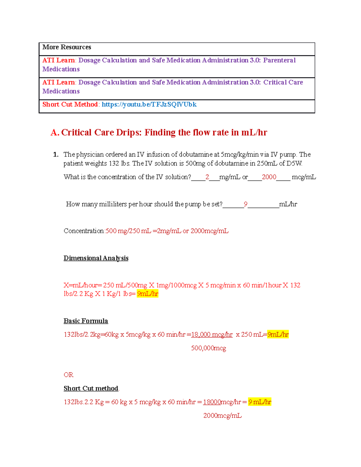 Math Med Surg Ii Critical Care Dosage Calculations Practice