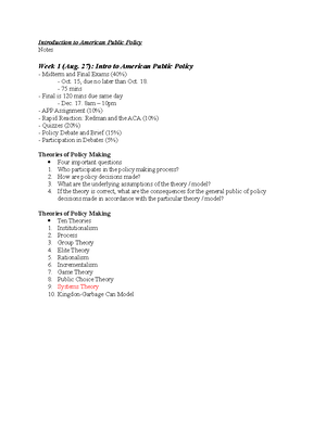 Public Policy reading notes - Public Policy reading notes Politics and ...