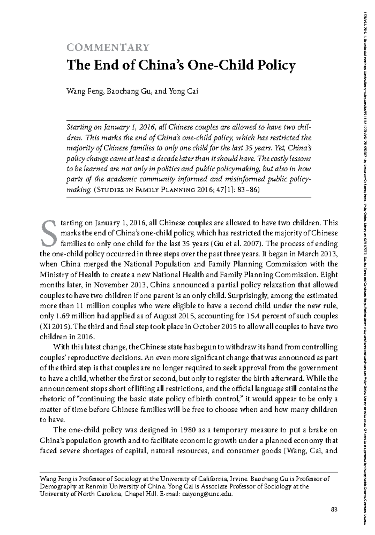 Studies in Family Planning 2016 Feng The End of China s One‐Child