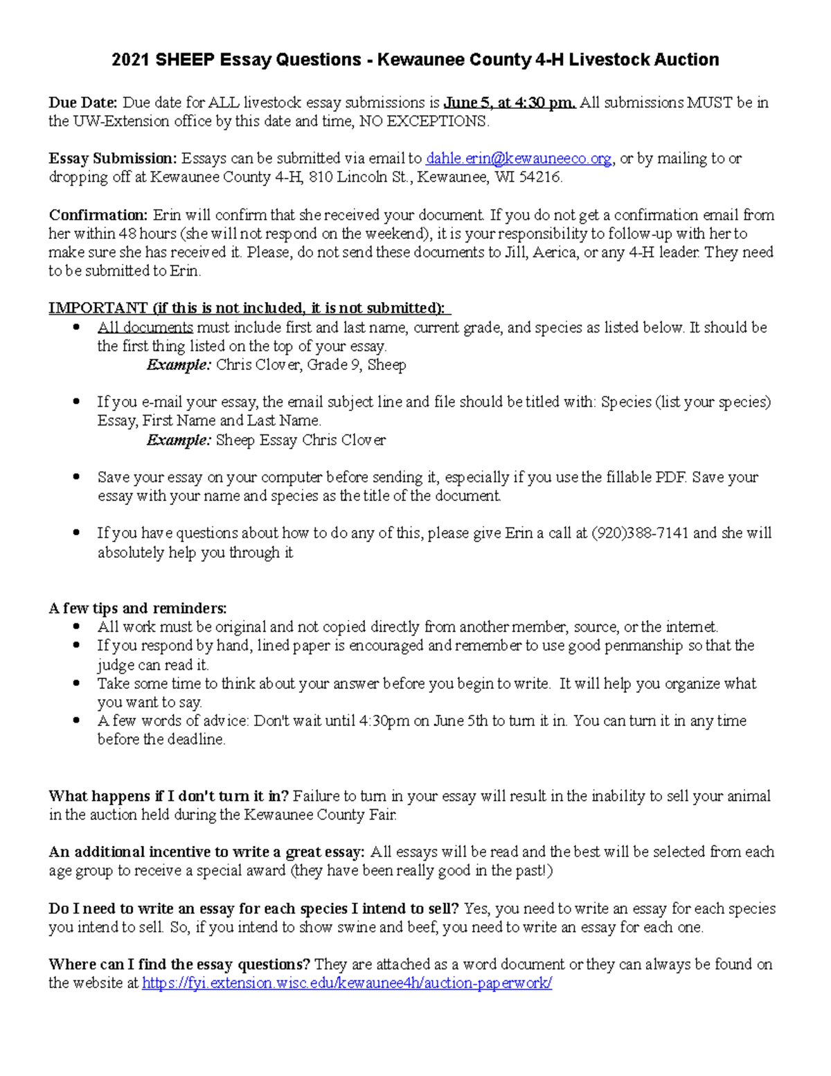 2021 Sheep Essay Questions 2021 SHEEP Essay Questions Kewaunee County 4H Livestock Auction