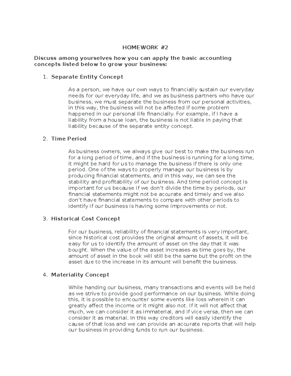 accounting principles and concepts - HOMEWORK Discuss among yourselves ...