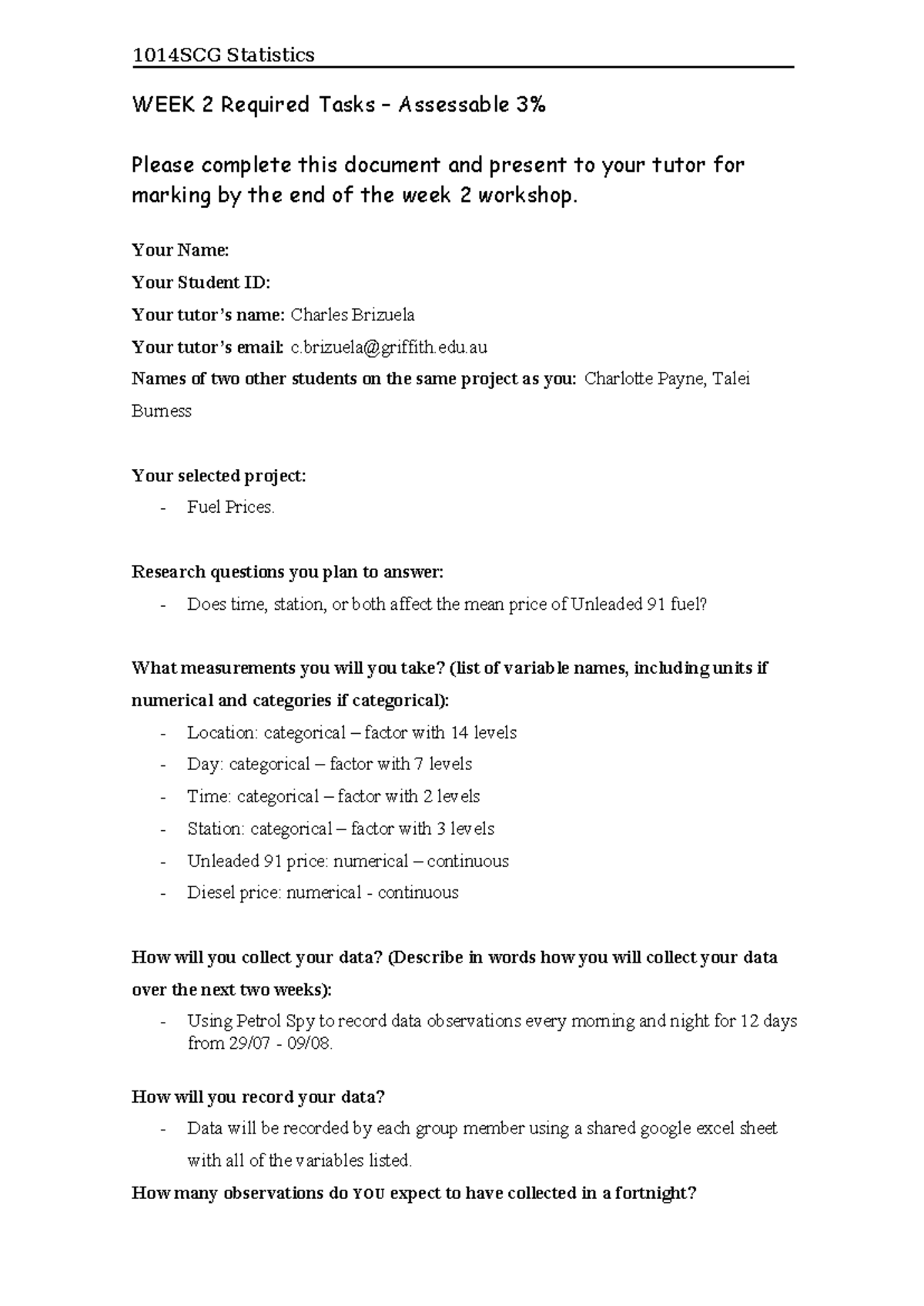 Workshop Week 2 - 1014SCG Statistics WEEK 2 Required Tasks – Assessable ...