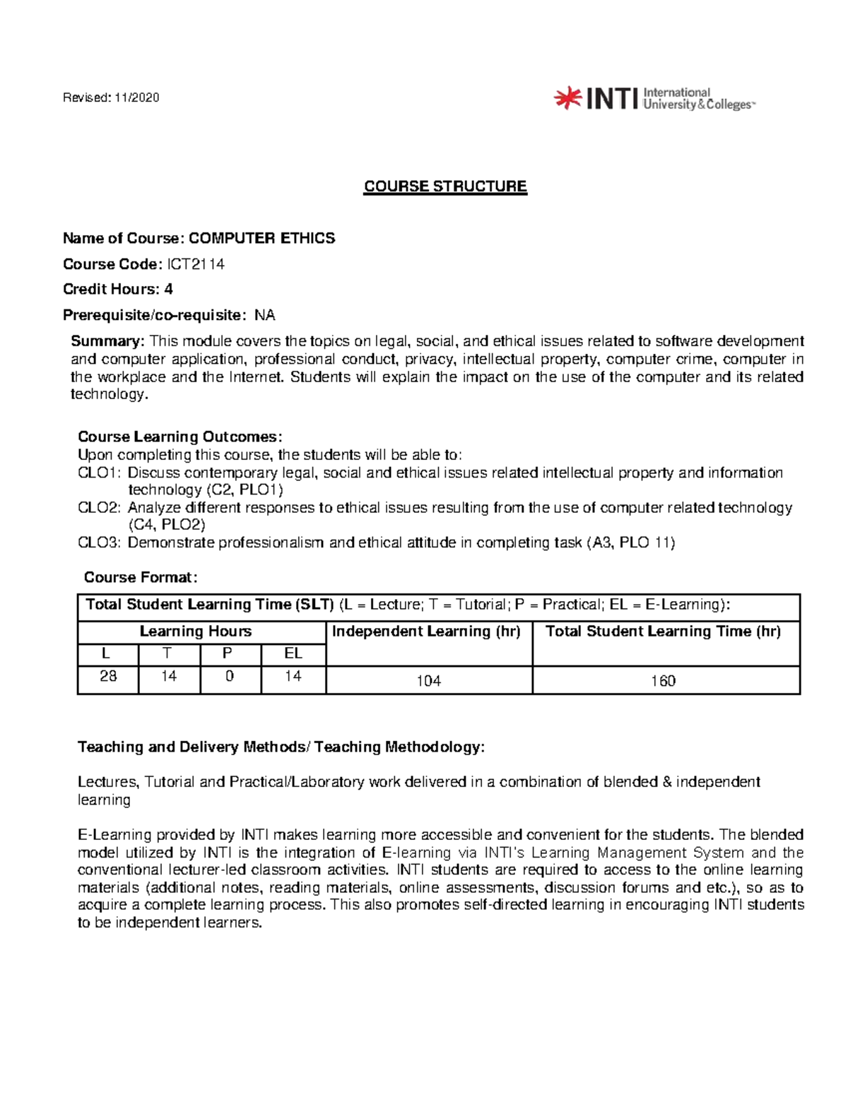 Computer Ethics Course Structure - Revised: 11/ COURSE STRUCTURE Name ...