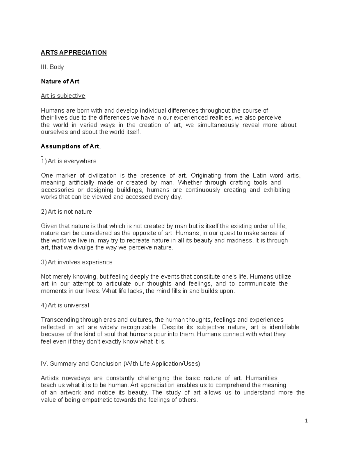 Reviewer - ARTS APPRECIATION III. Body Nature of Art Art is subjective ...