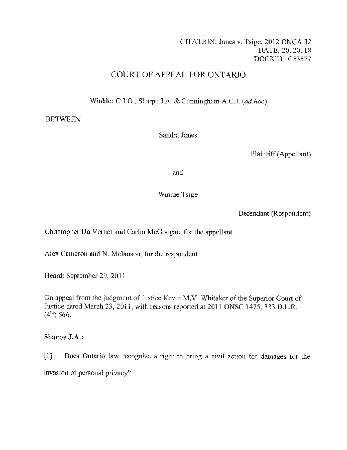 Jones v Tsige case law Law 241 Studocu