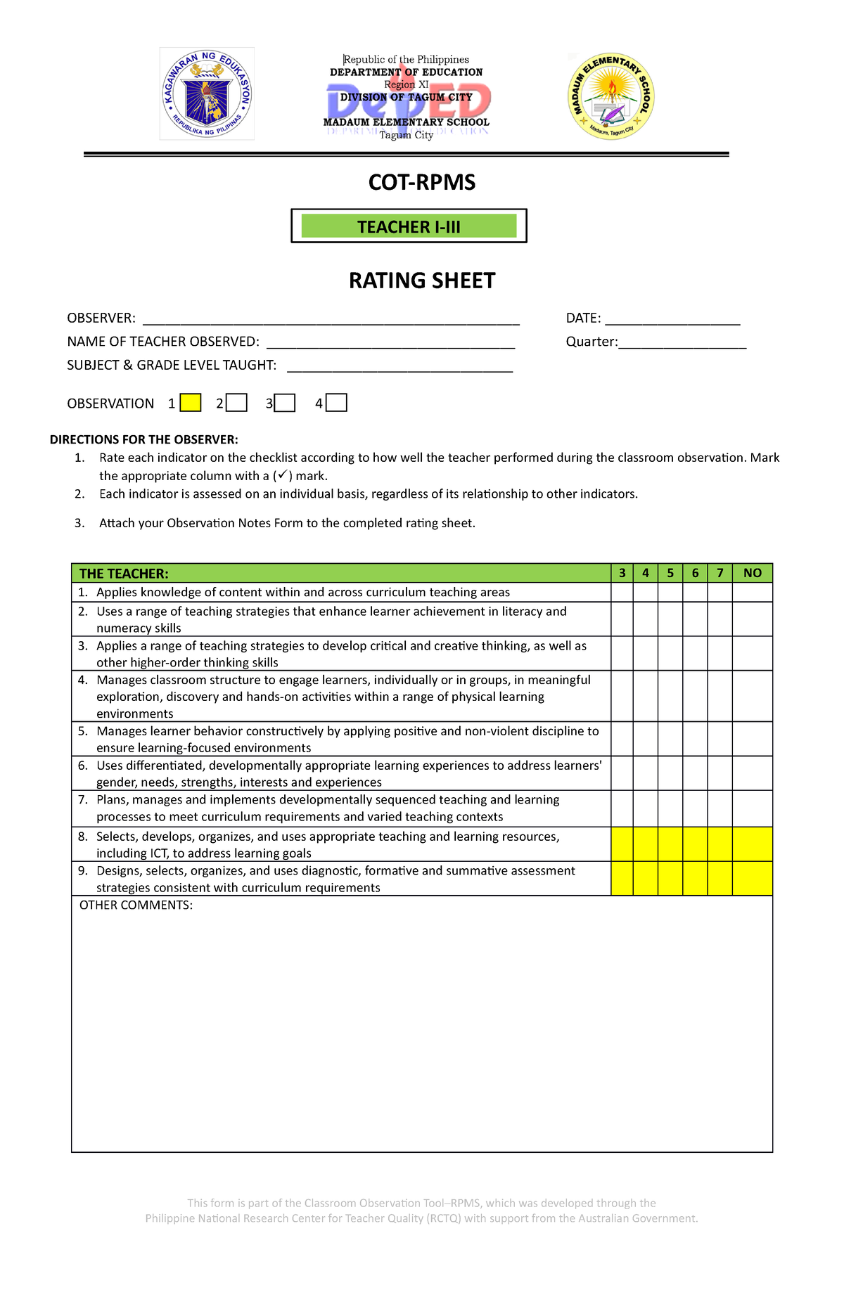 1st-rating-sheet-teacher-i-iii-cot-rpms-rating-sheet-observer-studocu