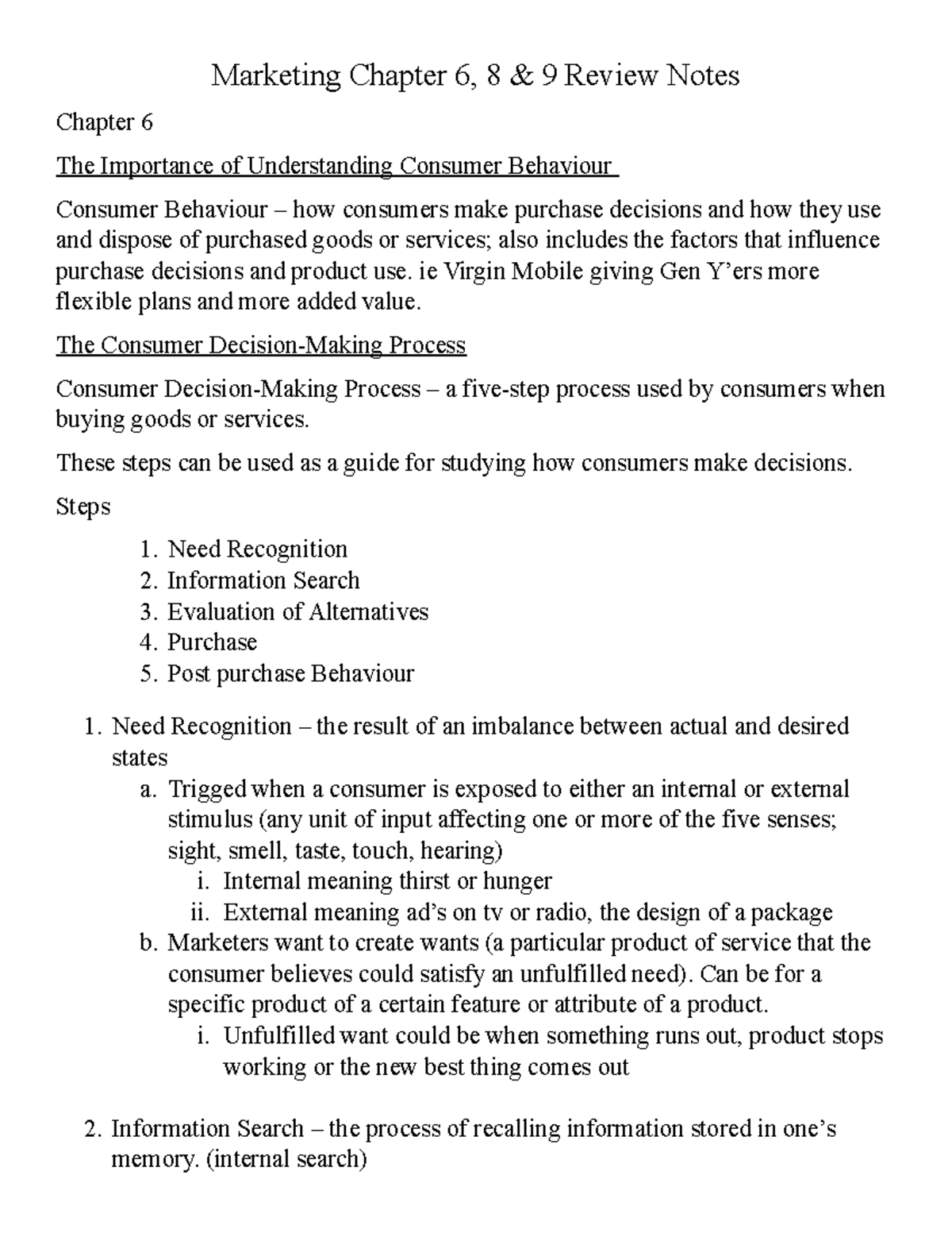 Marketing Review Notes - Chapters 6, 8, 9 - Marketing Chapter 6, 8 & 9 ...