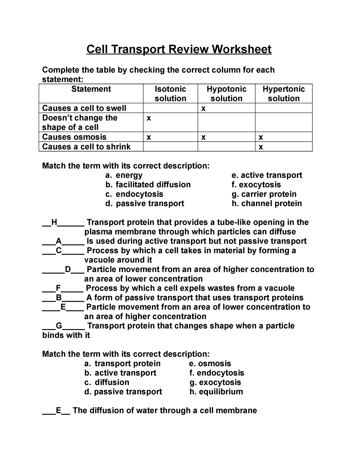 Cell Transport Activity Cell Transport Review Worksheet Complete The Table By Checking The 