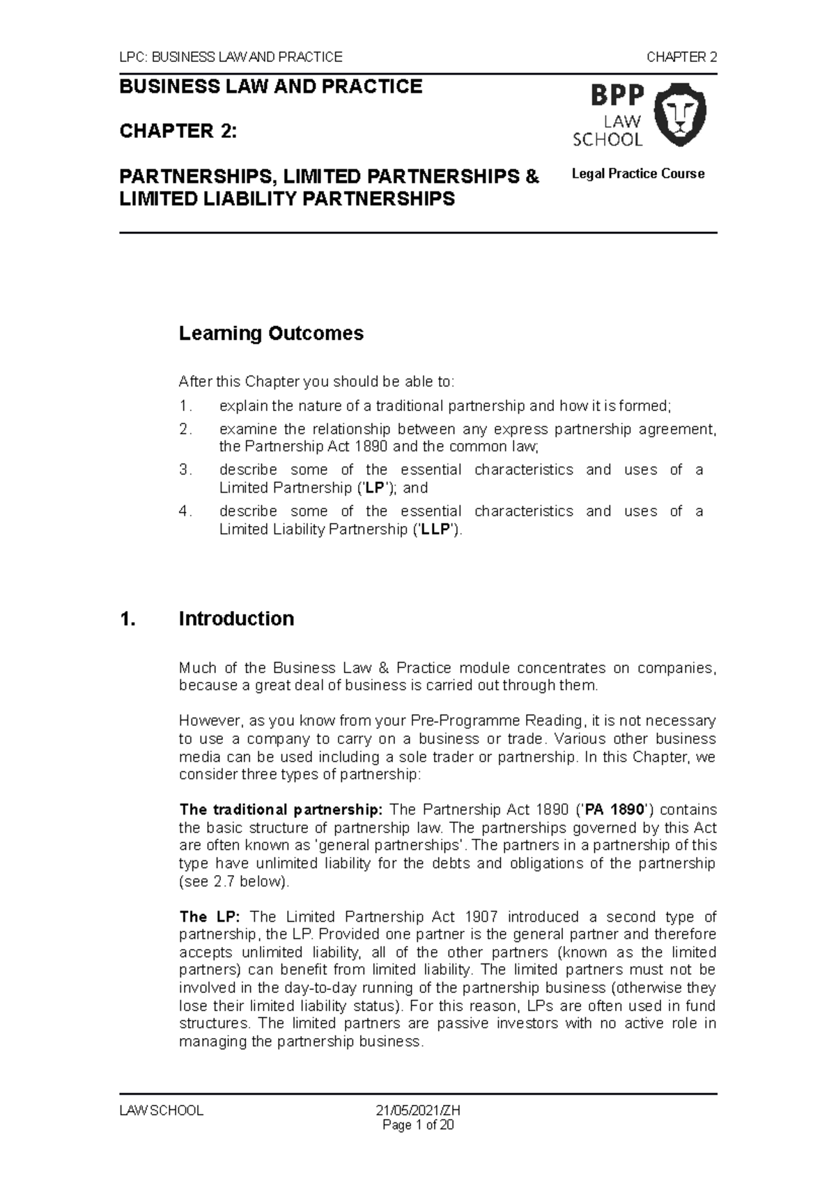 BLP Chapter 2 2022-23 - module outline - LPC: BUSINESS LAW AND PRACTICE ...