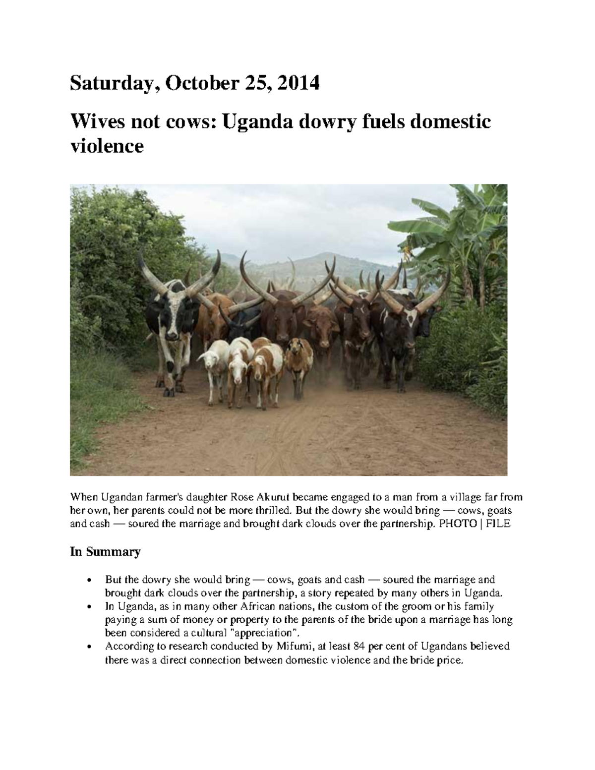 Wives NOT COWS Dowry ROW IN Uganda Saturday, October 25, 2014 Wives