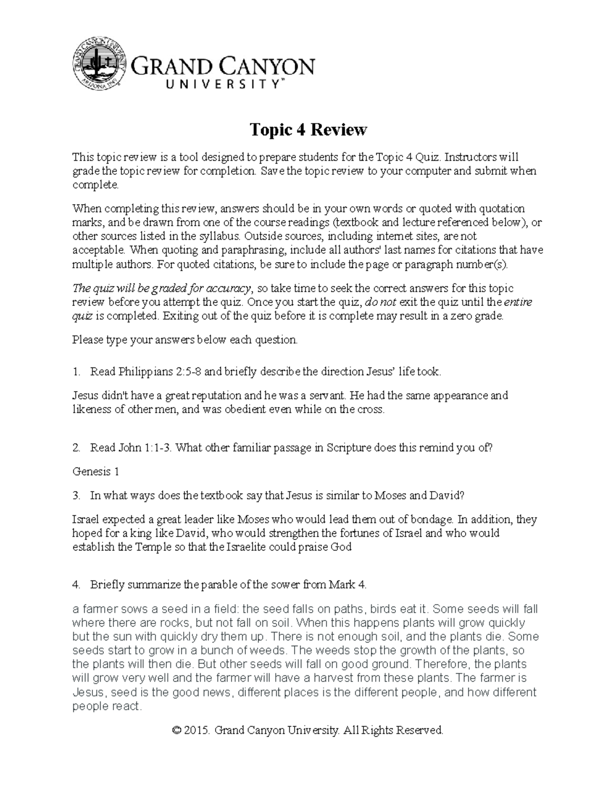 Week 4 Review Quiz With Included Solutions, 2015 Topic 4 Review This