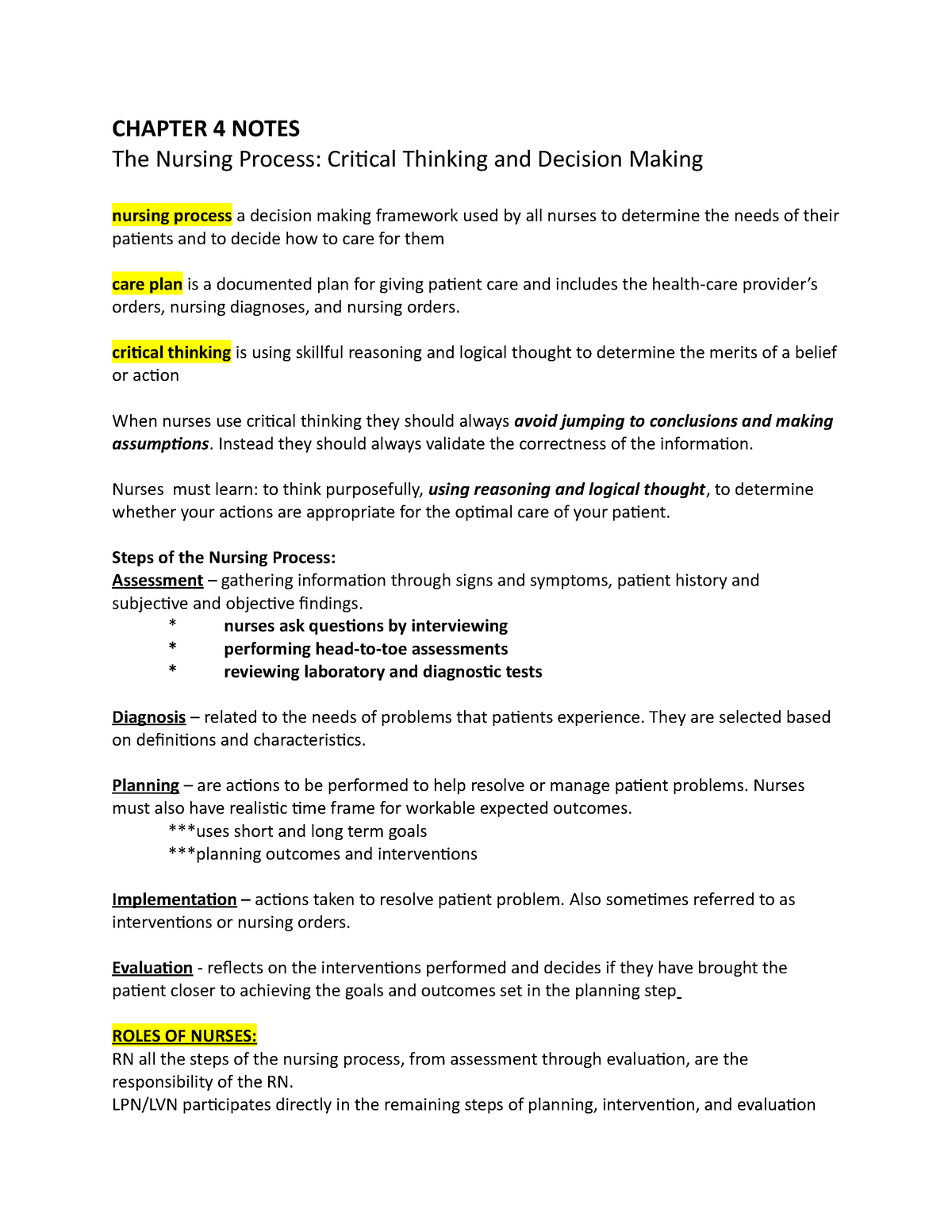 the nursing process and critical thinking chapter 4