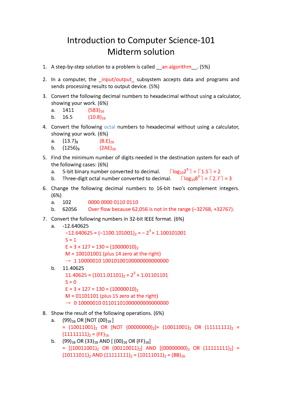 Midterm Solution 101 - Introduction To Computer Science- Midterm ...