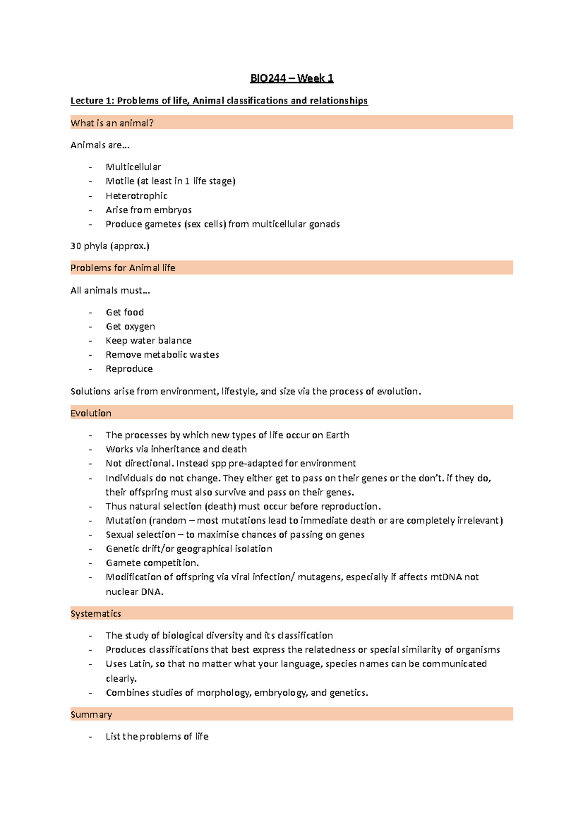 BIO244 lectures - Week 1 Lecture notes - BIO244 – Week 1 Lecture 1 ...