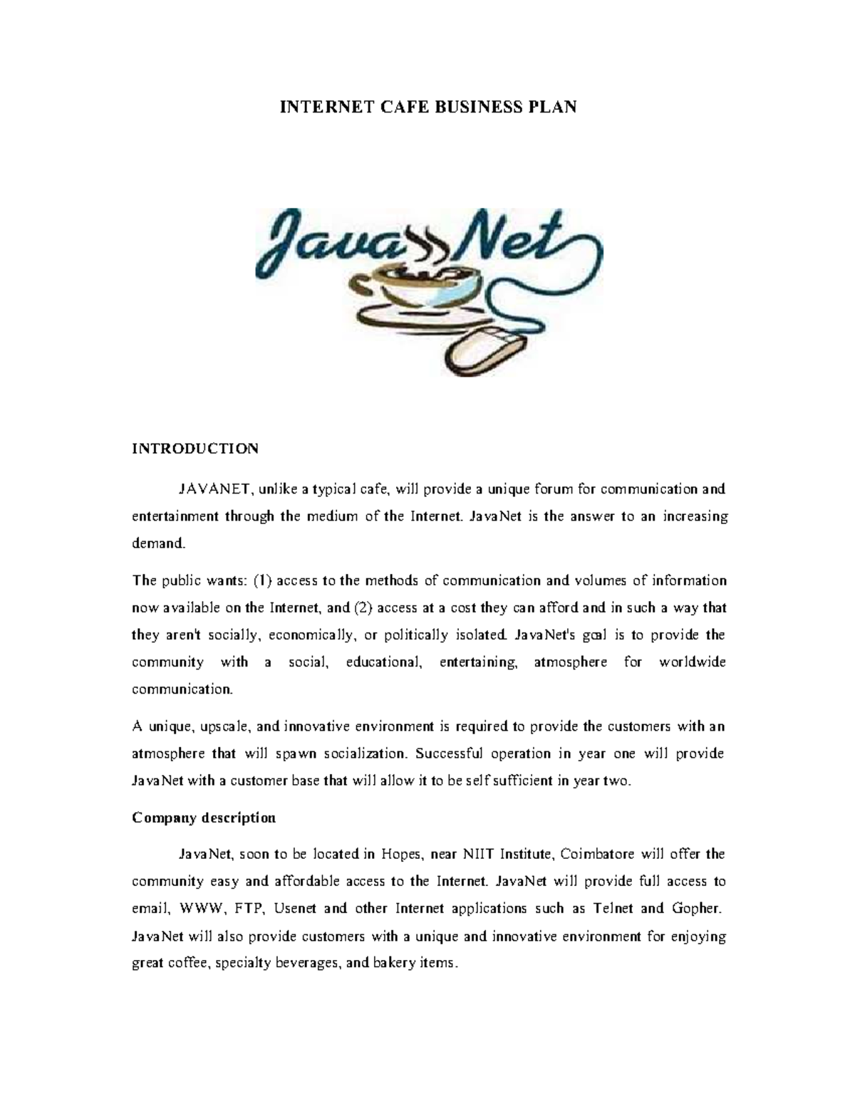 busplan example one CAFE BUSINESS PLAN Java Net INTRODUCTION