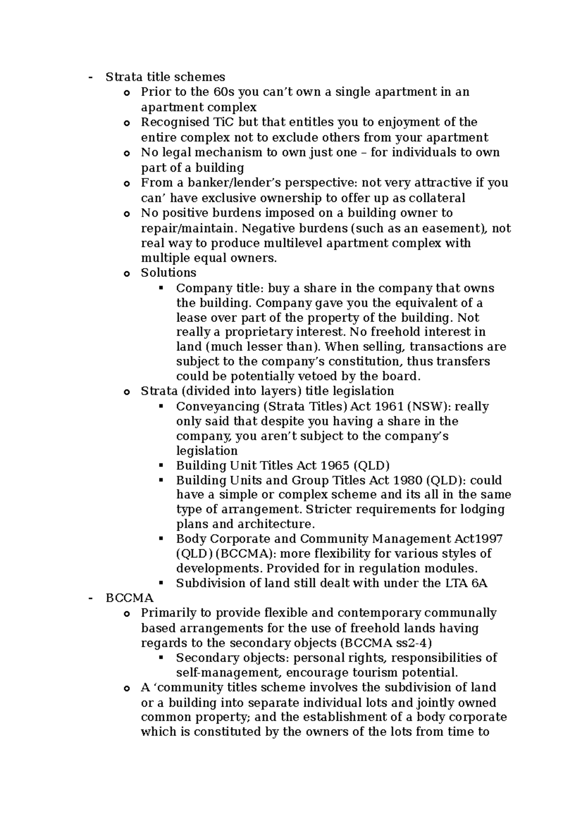 Lecture 2 - Strata title schemes o Prior to the 60s you can’t own a ...