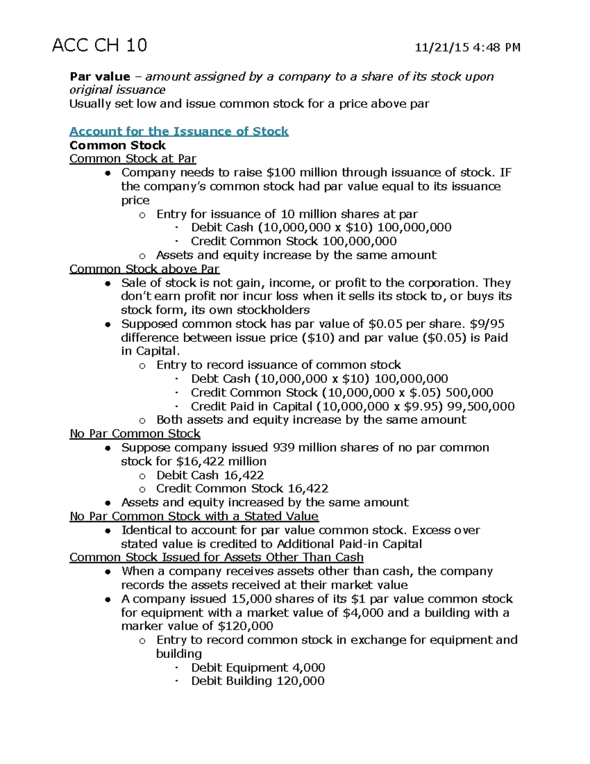 ACC 151 CH 10 - Lecture notes 10 - ACC CH 10 11/21/15 4:48 PM Par value ...