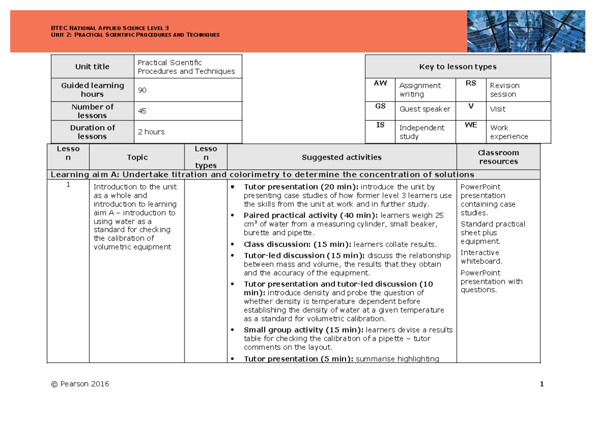 BTEC16 NAT Appsci SOW U02a - UNIT 2: PRACTICAL SCIENTIFIC PROCEDURES ...