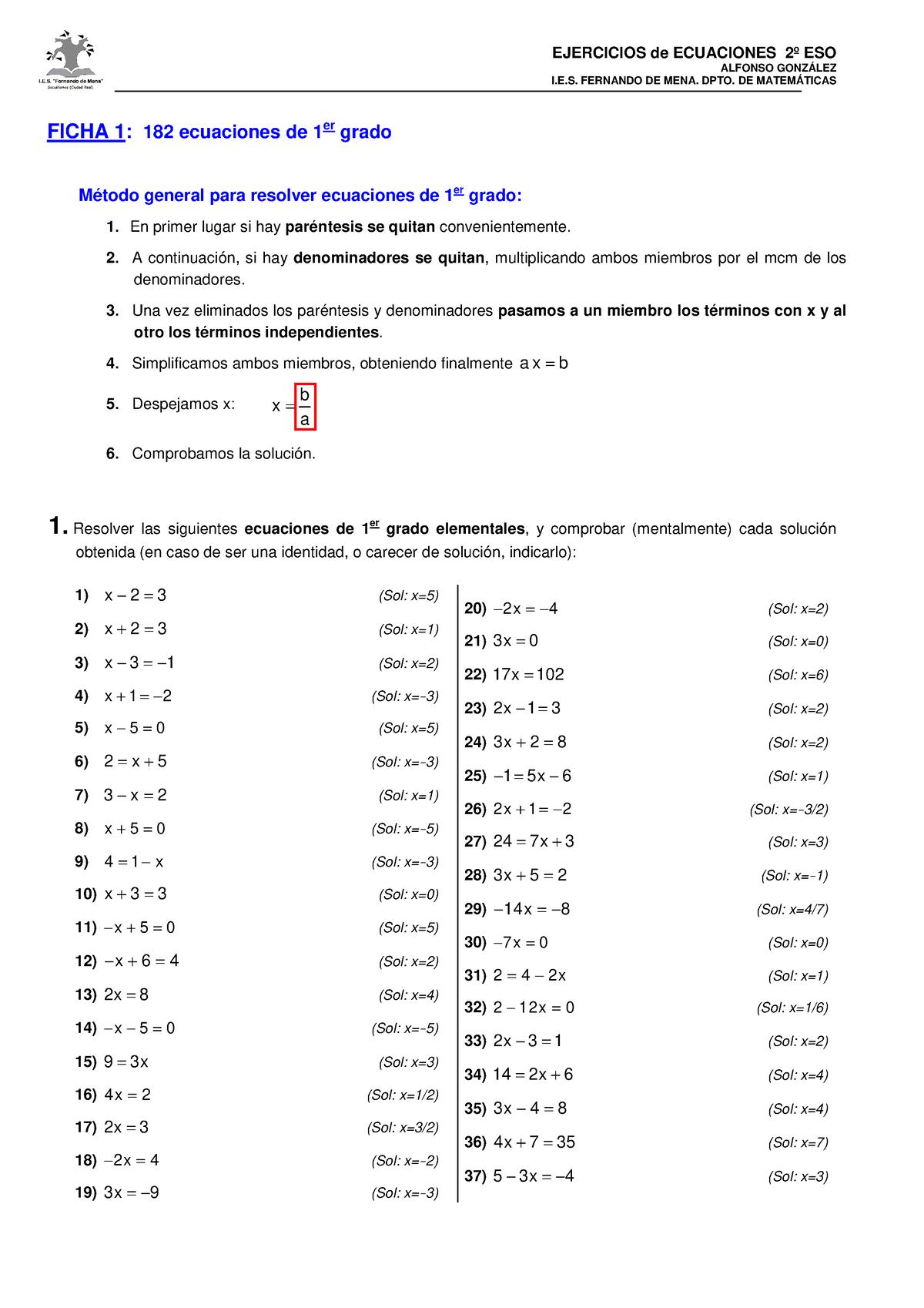 6 1 Ecuaciones Primer Grado-1 - ALFONSO GONZÁLEZ I.E. FERNANDO DE MENA ...