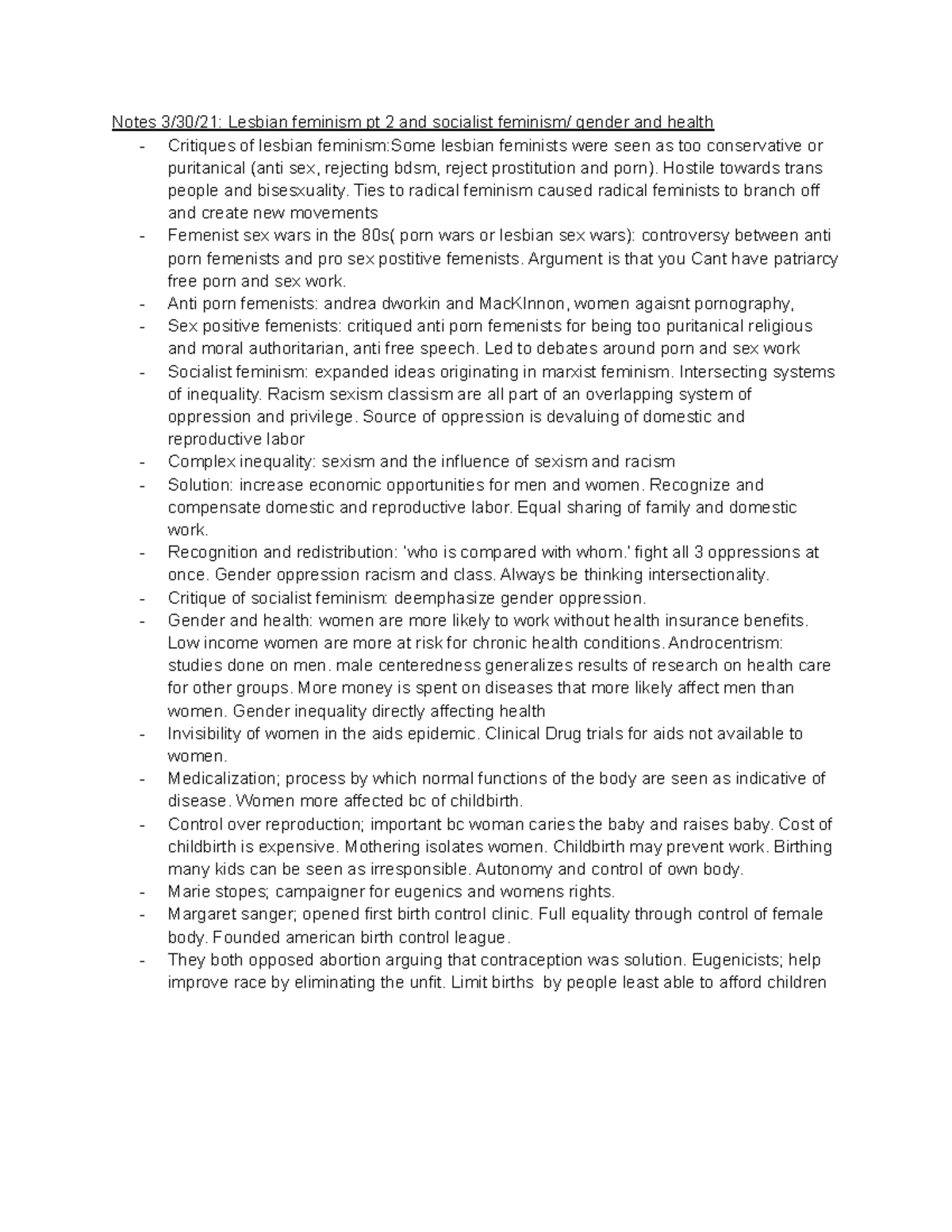 Notes 3 30 21 - professor Massey - Notes 3/30/21: Lesbian feminism pt 2 ...