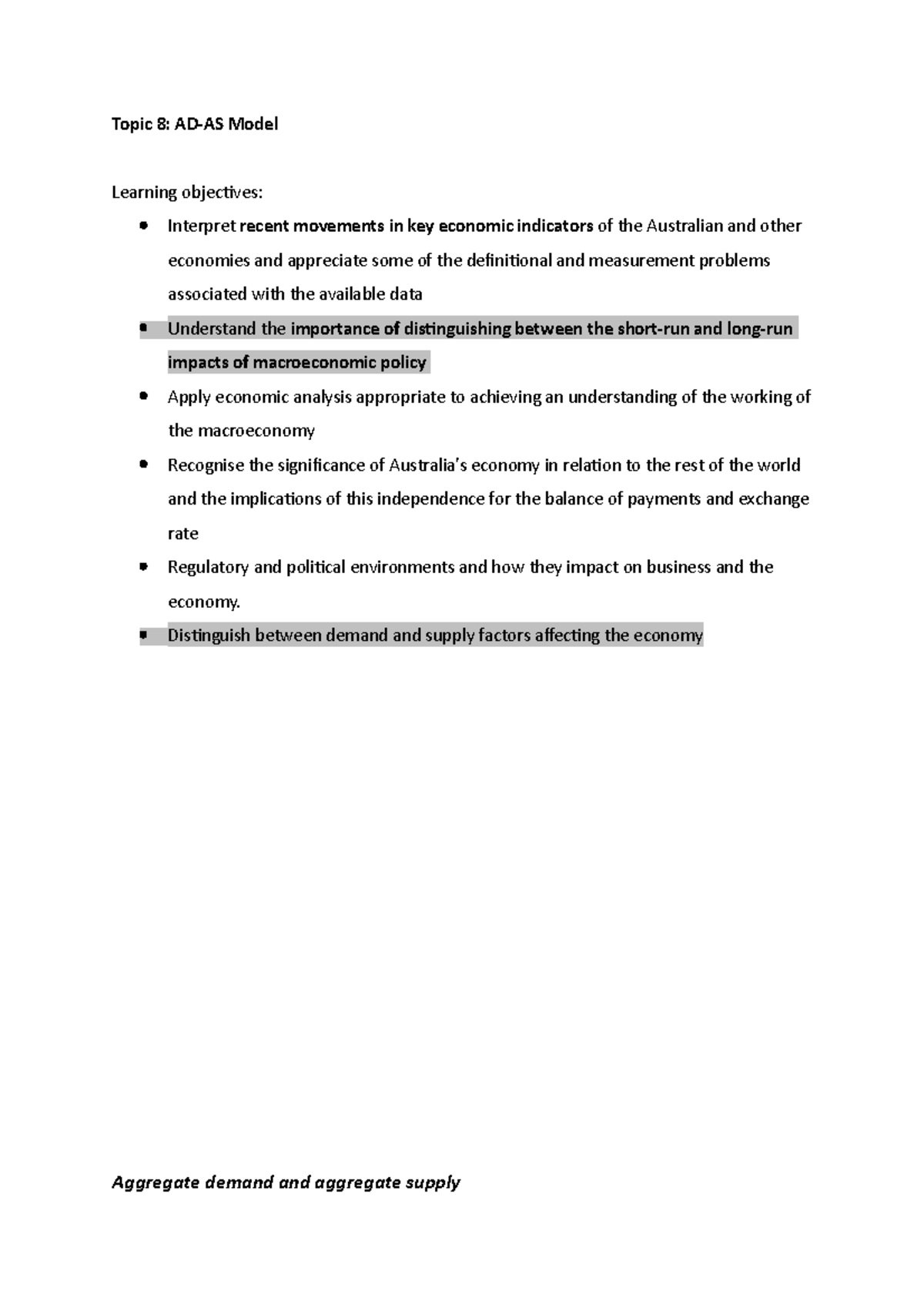 Topic 8 - AD&AS model - Week 8 - ECC1100 - Monash - Studocu