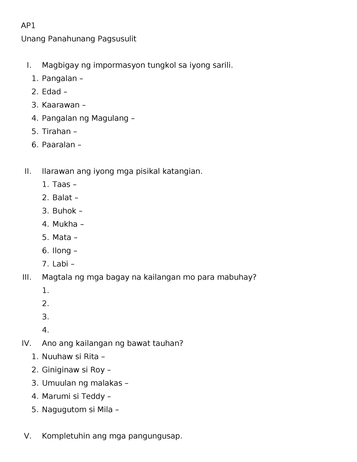 Ap1 1qt Ap Quarterly Test Ap Unang Panahunang Pagsusulit I Magbigay Ng Impormasyon Tungkol 2969