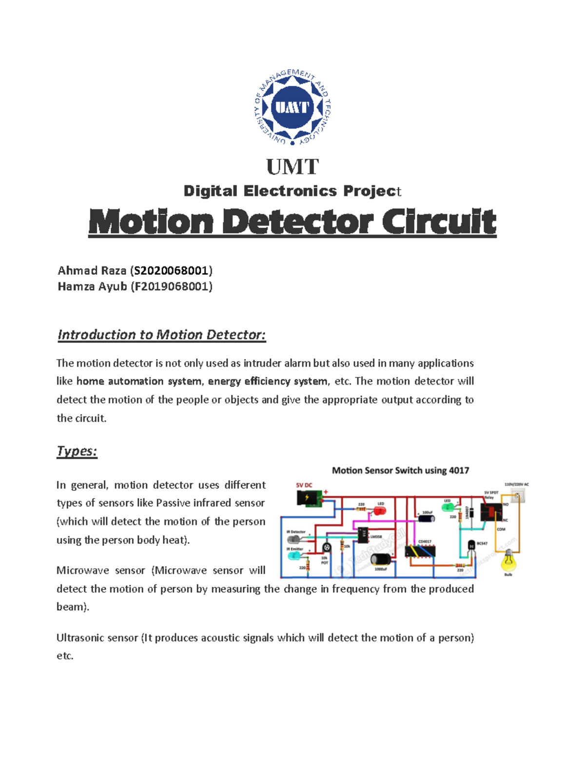 Motion Detector Circuit UMT Digital Electronics Project Motion Detector Circuit Ahmad Raza