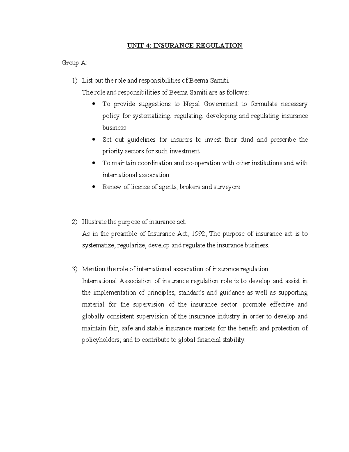 UNIT 4 (Insurance regulations) - UNIT 4: INSURANCE REGULATION Group A ...