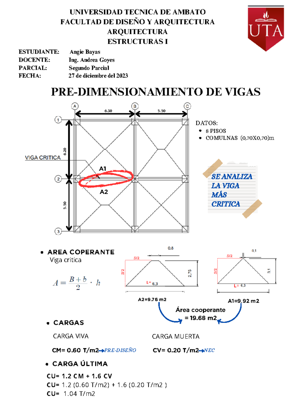 Prediseño DE Vigas - PRE-DIMENSIONAMIENTO DE VIGAS AREA COPERANTE Viga ...